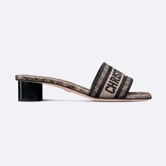 Dior Women Dway Heeled Slide Beige and Black Cotton Embroidered with Plan de Paris Motif