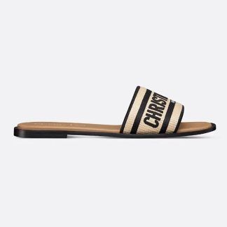 Dior Women Dway Slide Natural Raffia and Black Embroidered Cotton