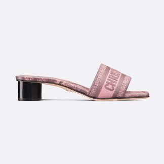 Dior Women Dway heeled Slide Gray and Pink Embroidered Cotton with Toile de Jouy Reverse Motif