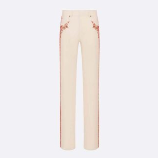 Dior Women Embroidered Fitted Jeans White Cotton Denim and Coral-Colored Beads