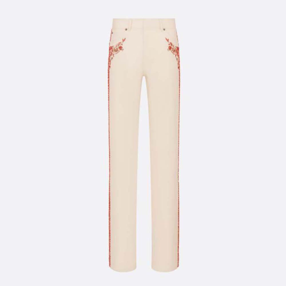 Dior Women Embroidered Fitted Jeans White Cotton Denim and Coral-Colored Beads