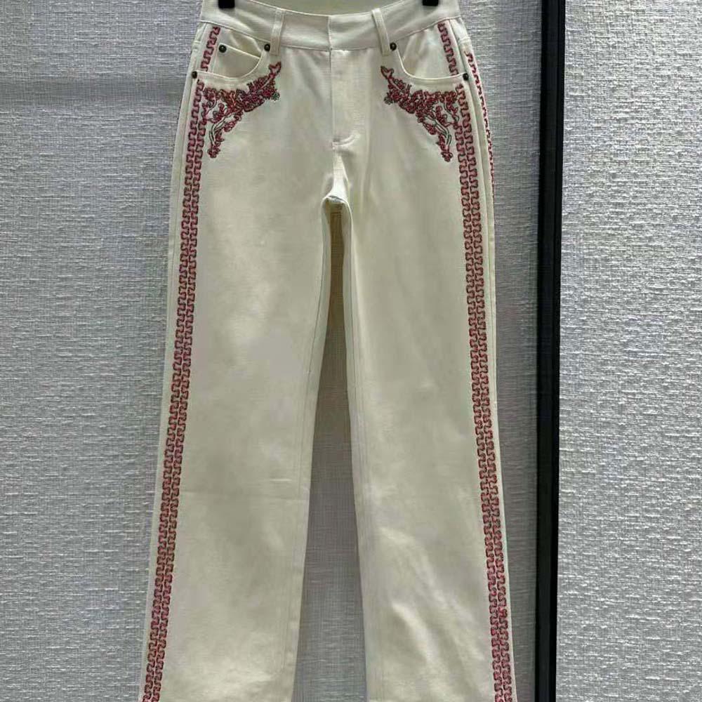 Dior Women Embroidered Fitted Jeans White Cotton Denim and Coral-Colored Beads - Image 2