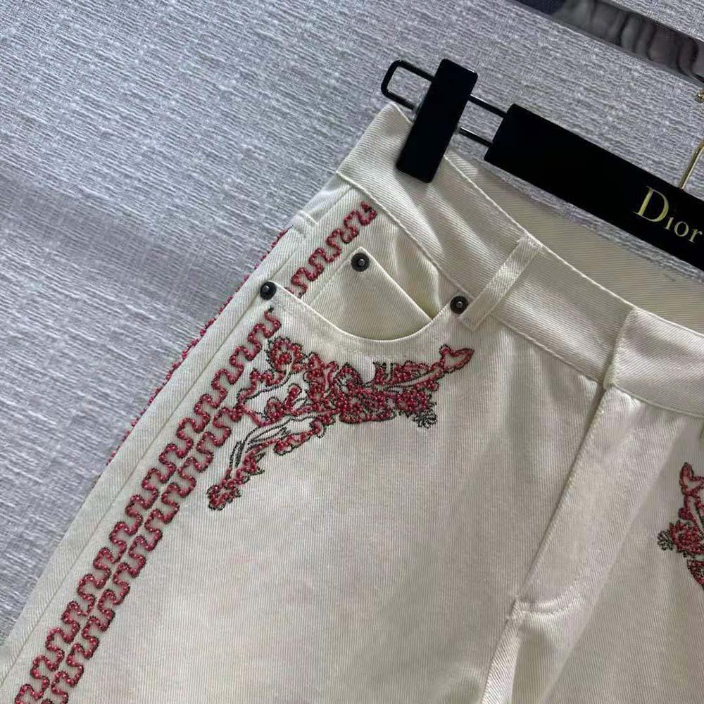 Dior Women Embroidered Fitted Jeans White Cotton Denim and Coral-Colored Beads - Image 5