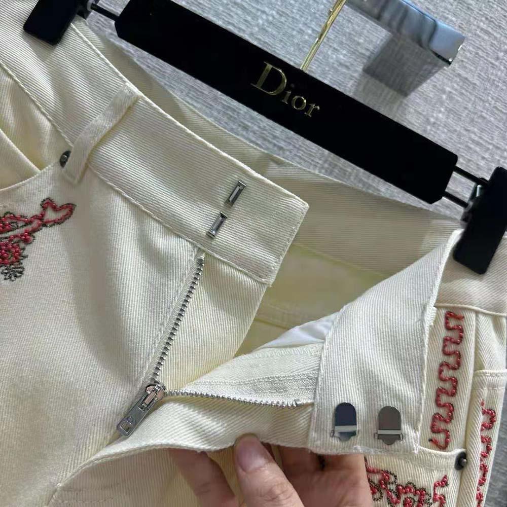 Dior Women Embroidered Fitted Jeans White Cotton Denim and Coral-Colored Beads - Image 6