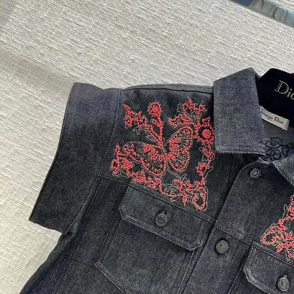 Dior Women Embroidered Jacket Black Cotton Denim and Coral-Colored Beads - Image 5