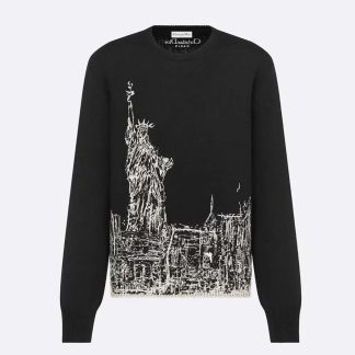 Dior Women Embroidered Sweater Black and White Cashmere and Silk Knit with New York Motif