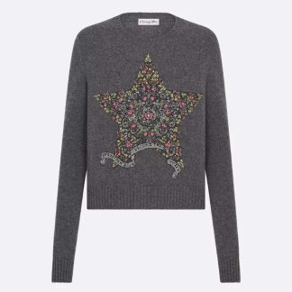 Dior Women Embroidered Sweater Gray Cashmere Knit 514S57A002