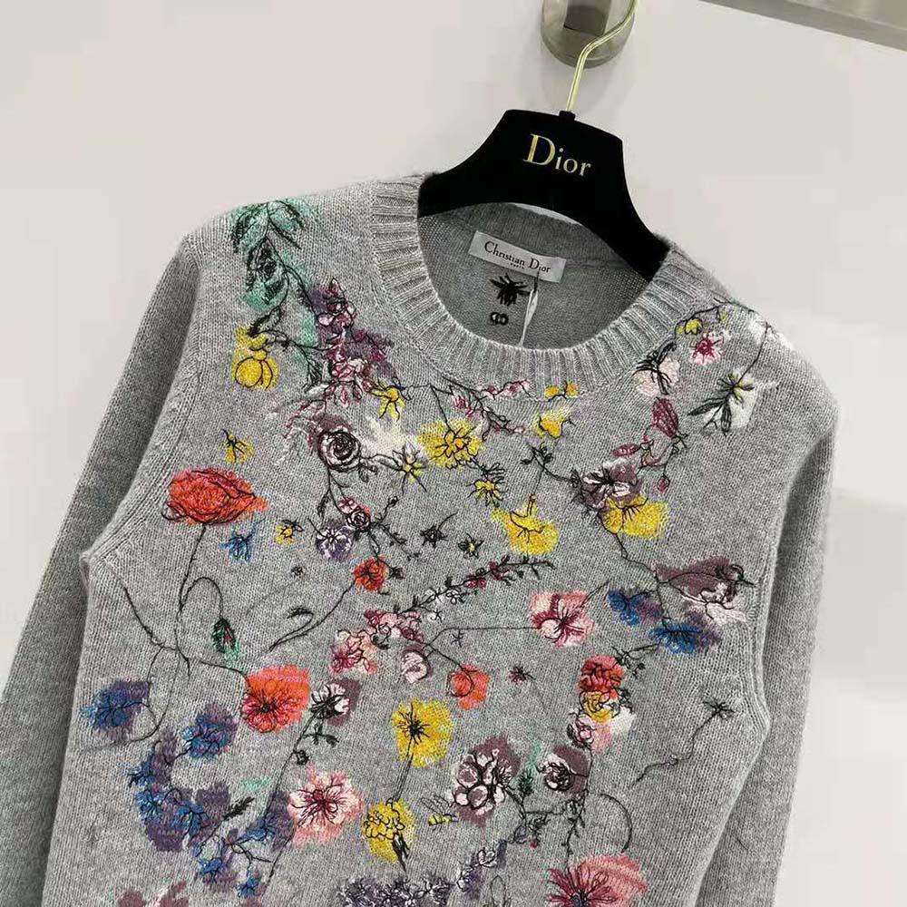 Dior Women Embroidered Sweater Gray Cashmere Knit with Red Multicolor Florilegio Motif - Image 4