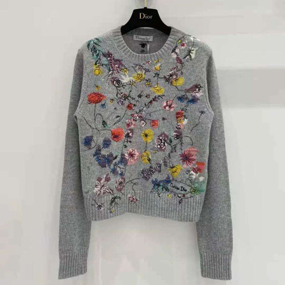 Dior Women Embroidered Sweater Gray Cashmere Knit with Red Multicolor Florilegio Motif - Image 2