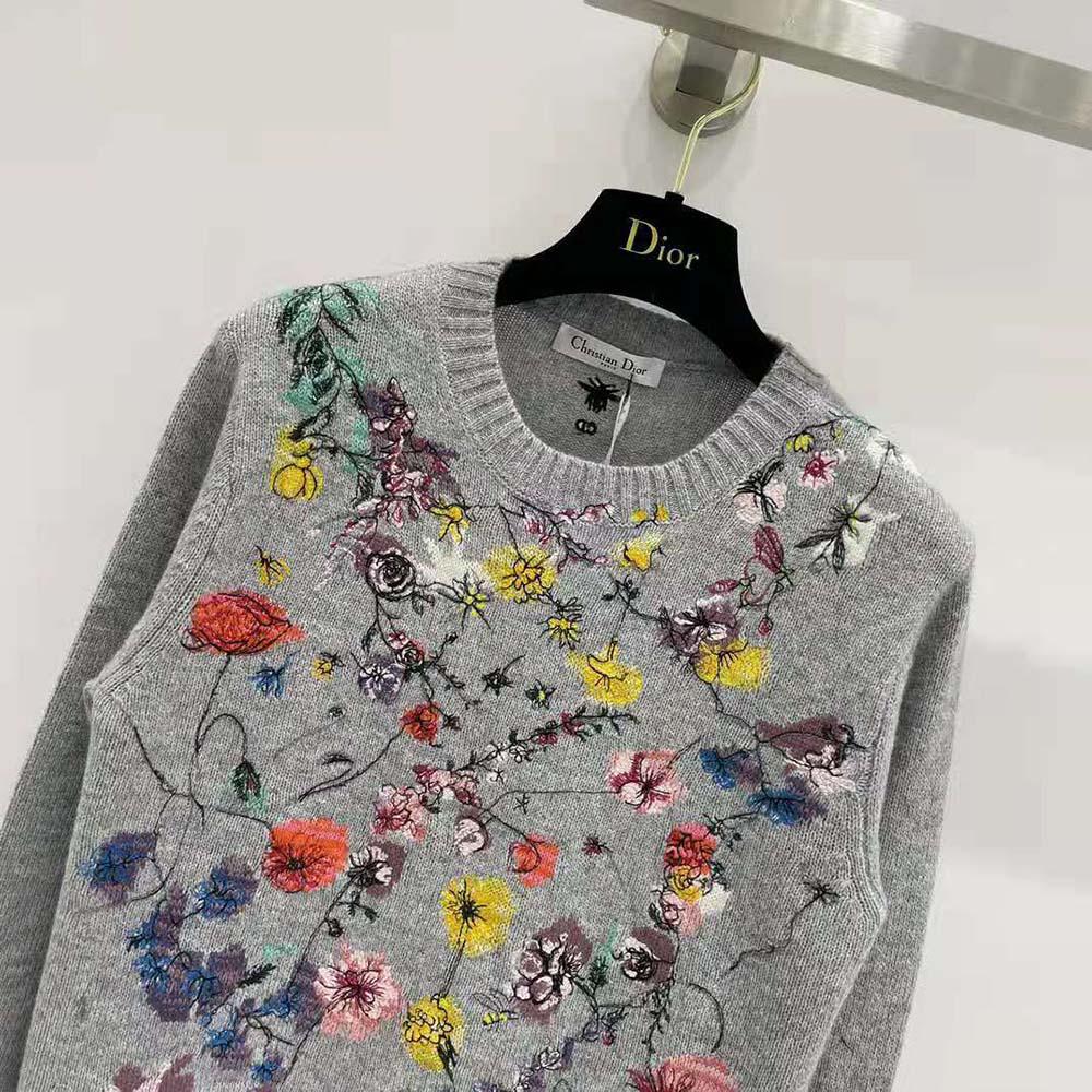 Dior Women Embroidered Sweater Gray Cashmere Knit with Red Multicolor Florilegio Motif - Image 5