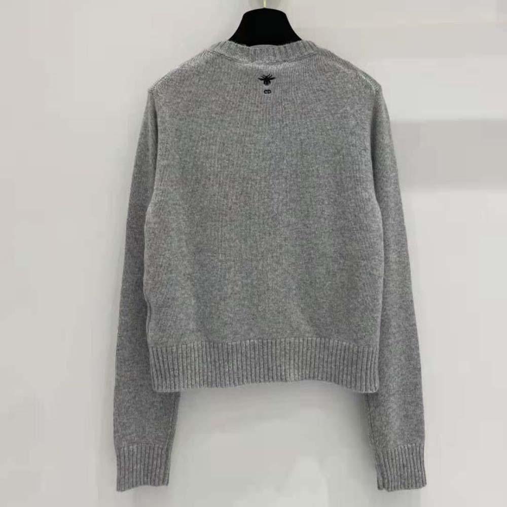 Dior Women Embroidered Sweater Gray Cashmere Knit with Red Multicolor Florilegio Motif - Image 3