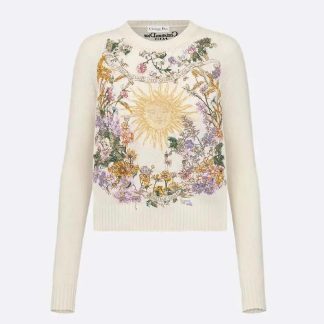 Dior Women Embroidered Sweater White Cashmere Knit with Multicolor Dior 4 Saisons Été Motif
