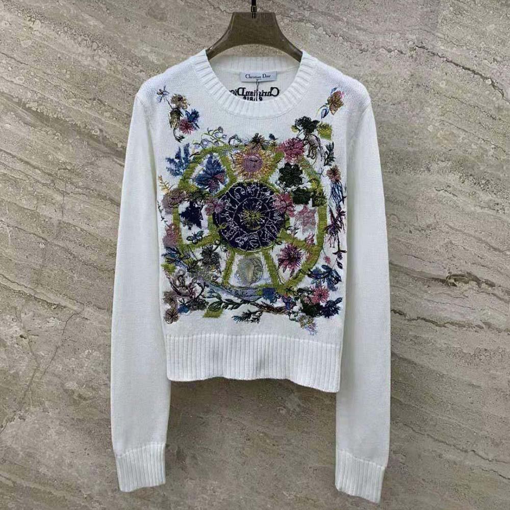 Dior Women Embroidered Sweater White Cashmere Knit with Multicolor Tarot La Roue de la Fortune Motif - Image 2