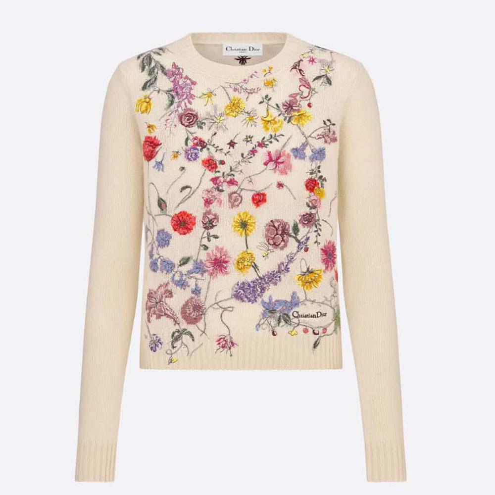 Dior Women Embroidered Sweater White Cashmere Knit with Red Multicolor Florilegio Motif