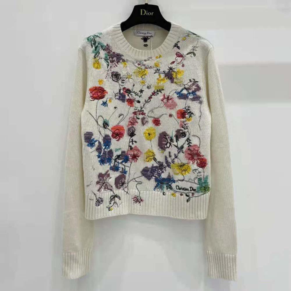 Dior Women Embroidered Sweater White Cashmere Knit with Red Multicolor Florilegio Motif - Image 2
