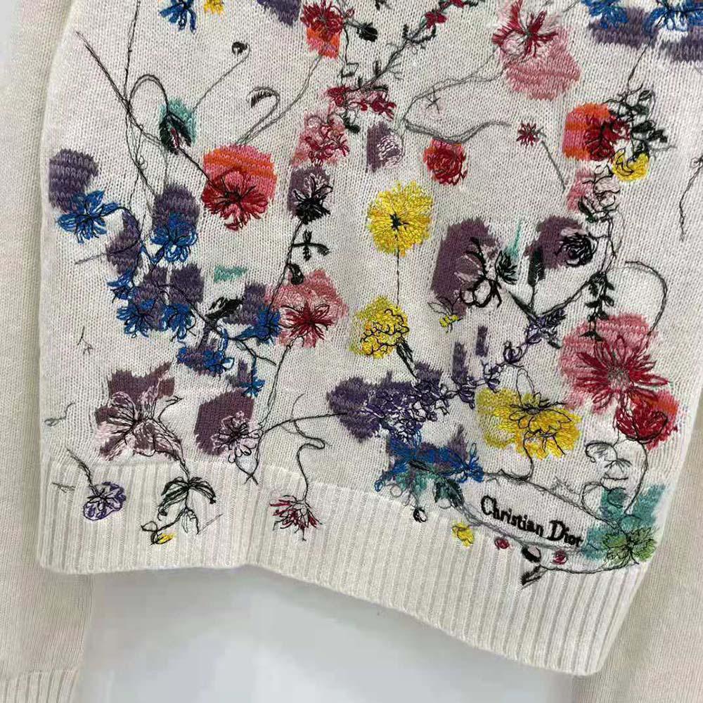Dior Women Embroidered Sweater White Cashmere Knit with Red Multicolor Florilegio Motif - Image 8