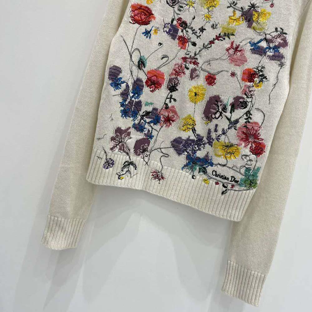 Dior Women Embroidered Sweater White Cashmere Knit with Red Multicolor Florilegio Motif - Image 6