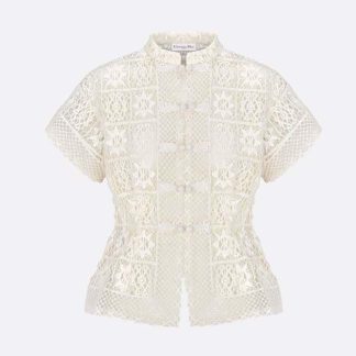 Dior Women Fitted Short-sleeved Jacket Ecru Technical Cotton Lace with Stars Motif