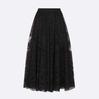 Dior Women Flared Mid-Length Skirt Black Technical Cotton Lace with D-Lace Butterfly Motif