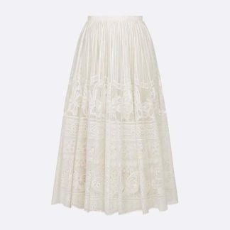 Dior Women Flared Mid-Length Skirt Ecru Technical Cotton Lace with D-Lace Butterfly Motif