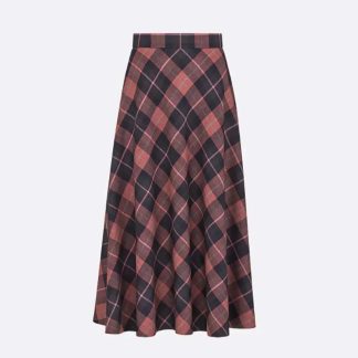 Dior Women Flared Mid-Length Skirt Pink Gray and White Check'n'Dior Virgin Wool