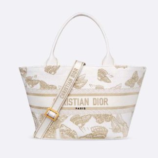 Dior Women Hat Basket Bag White and Gold-tone Gradient Butterflies Embroidery