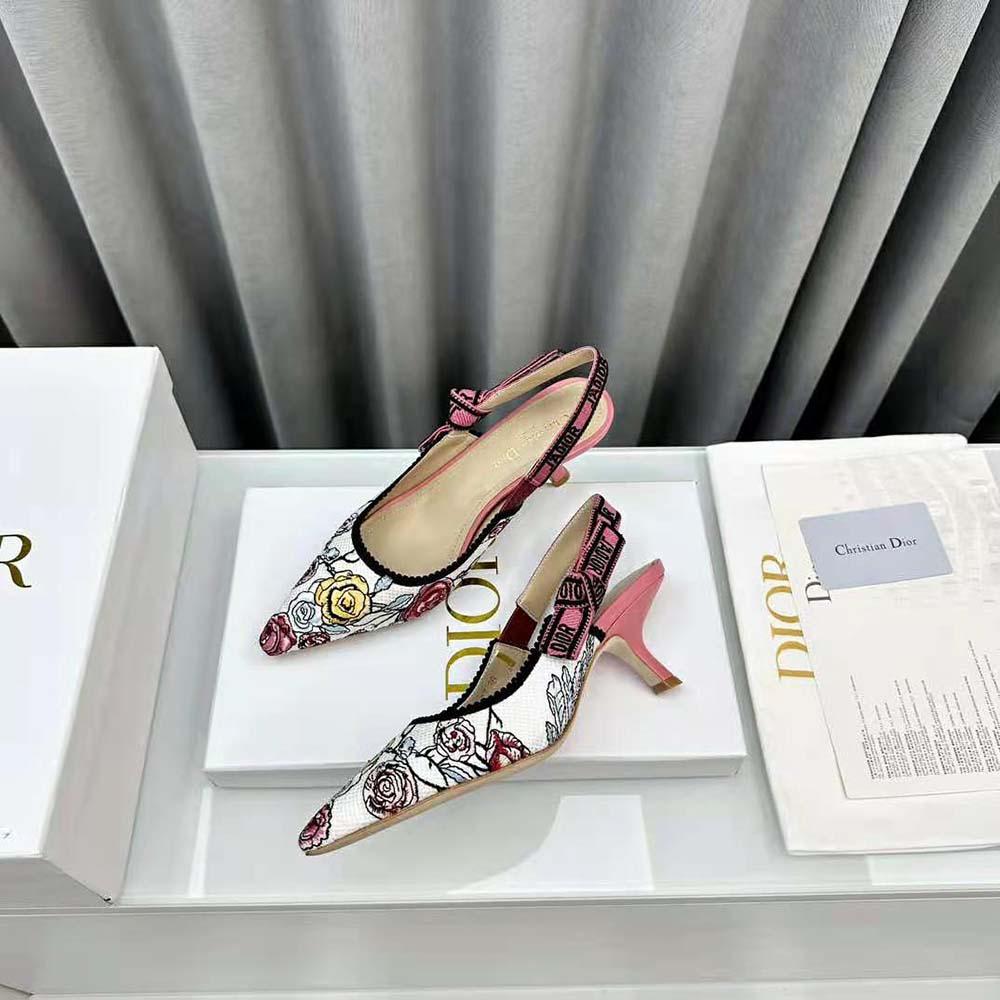 Dior Women J'Adior Slingback Pump Pink Multicolor Florilegio Embroidered Cotton - Image 6
