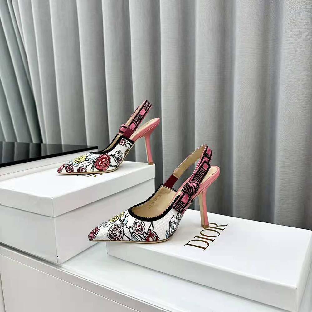 Dior Women J'Adior Slingback Pump White Multicolor Florilegio Embroidered Cotton - Image 4