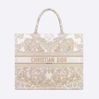 Dior Women Large Dior Book Tote Gold-Tone and White Butterfly Around The World Embroidery