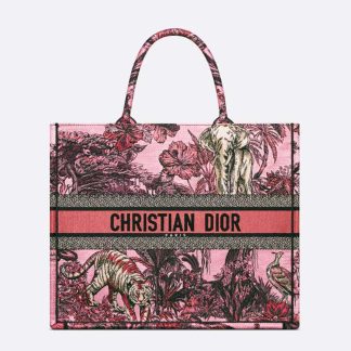 Dior Women Large Dior Book Tote Pink Multicolor Toile de Jouy Voyage Embroidery