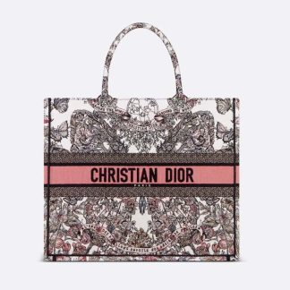 Dior Women Large Dior Book Tote White and Pastel Pink Butterfly Around The World Embroidery