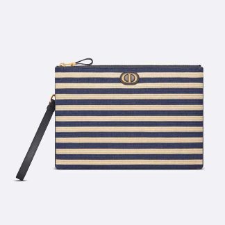 Dior Women Large Dior Caro Ddaily Pouch Natural and Denim Blue Marinière Raffia