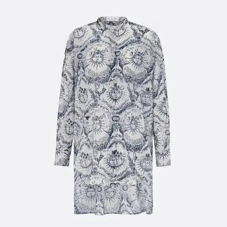 Dior Women Long Blouse White and Navy Blue Cotton Muslin with Toile de Jouy Soleil Motif