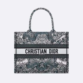 Dior Women Medium Dior Book Tote Blue Embroidery with White Dior Around the World Motif
