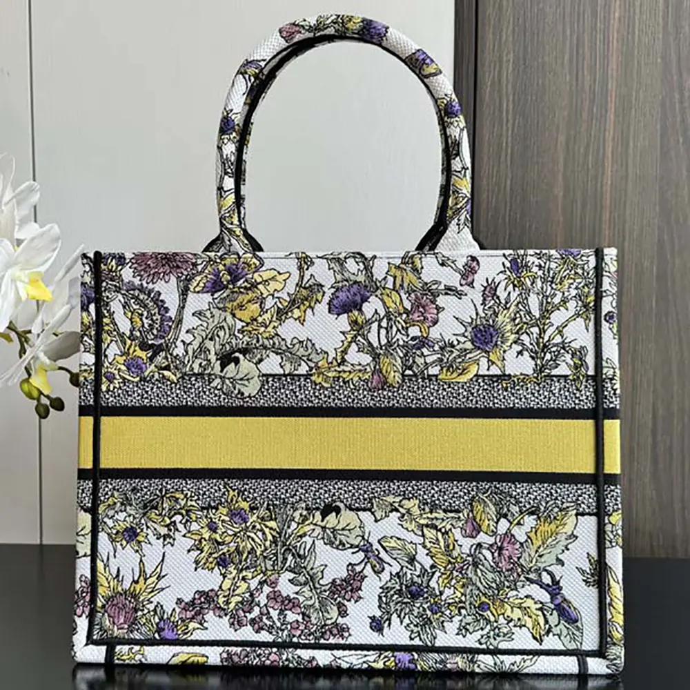 Dior Women Medium Dior Book Tote Latte Embroidery with Yellow Multicolor Dior Chardons Motif - Image 3