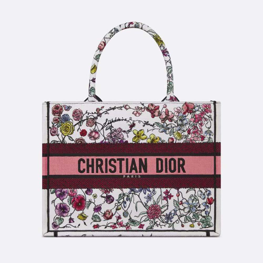 Dior Women Medium Dior Book Tote White Multicolor Florilegio Embroidery