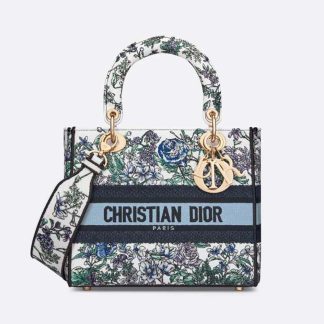 Dior Women Medium Lady D-Lite Bag White Multicolor Flowers Constellation Embroidery