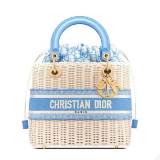 Dior Women Medium Lady Dior Bag Natural Wicker and Light Blue Dior Oblique Jacquard