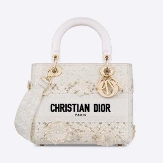 Dior Women Medium Lady D-lite Bag White D-Lace Embroidery with 3D Macramé Effect