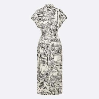 Dior Women Mid-Length Shirt Dress White and Black Cotton and Silk Poplin with Paris Allover Motif