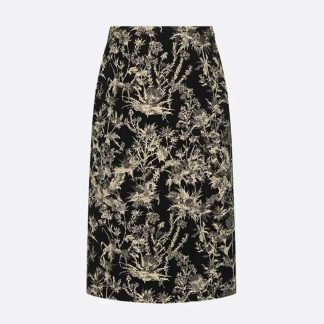 Dior Women Mid-Length Straight Skirt Black Technical Fabric with Gold-Tone Dior Chardons Motif
