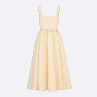Dior Women Mid-length Belted Dress Ecru Wool and Silk Shantung