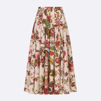 Dior Women Mid-length Pleated Skirt Multicolor Cotton and Silk Poplin with Albero Della Vita Motif