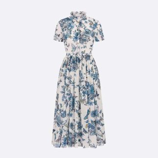 Dior Women Mid-length Shirt Dress White and Pastel Midnight Blue Cotton Voile
