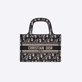 Dior Women Mini Dior Book Tote Blue Dior Oblique Embroidery