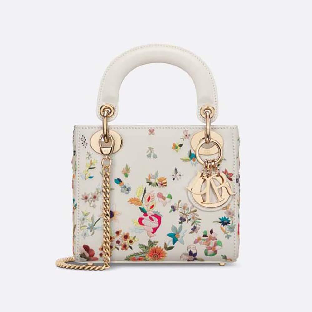 Dior Women Mini Lady Dior Bag Latte Calfskin Embroidered with Multicolor Small Flowers