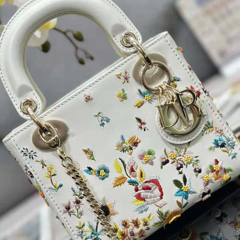 Dior Women Mini Lady Dior Bag Latte Calfskin Embroidered with Multicolor Small Flowers - Image 5