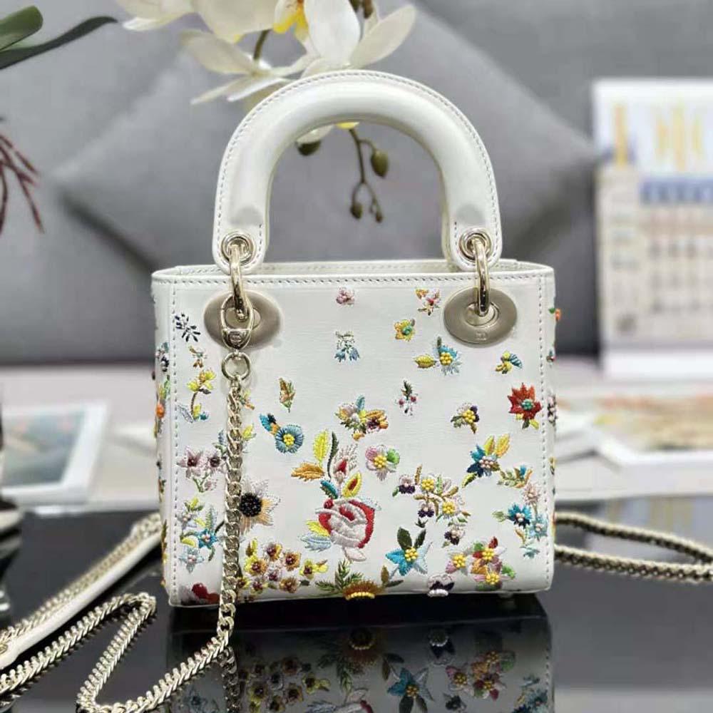 Dior Women Mini Lady Dior Bag Latte Calfskin Embroidered with Multicolor Small Flowers - Image 3