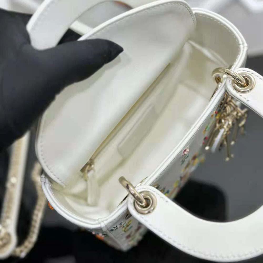 Dior Women Mini Lady Dior Bag Latte Calfskin Embroidered with Multicolor Small Flowers - Image 9