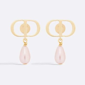 Dior Women Petit CD Earrings Gold-Finish Metal and Iridescent Pink Resin Pearls